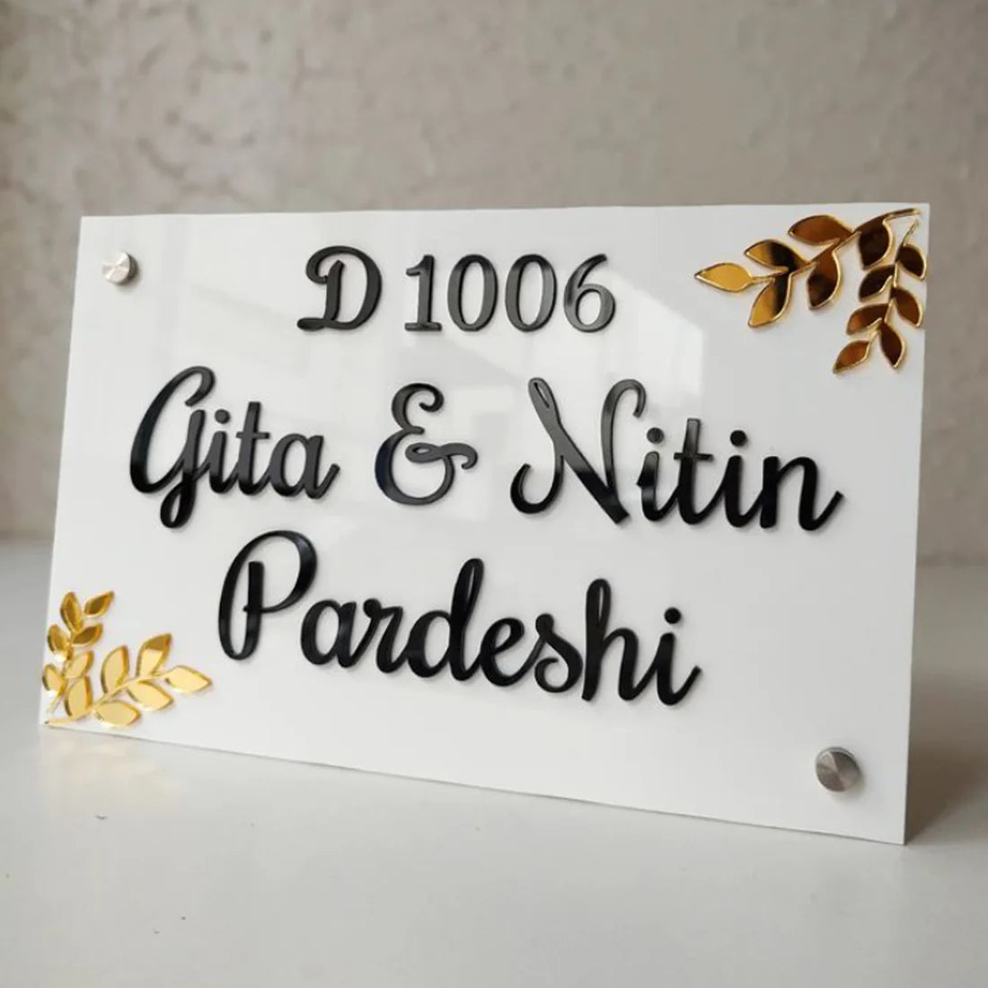 Customized Acrylic Name Plate Black and White (Golden Leaf)