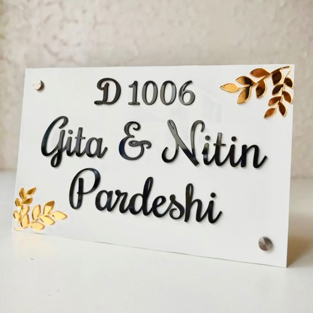 Customized Acrylic Name Plate Black and White (Golden Leaf)