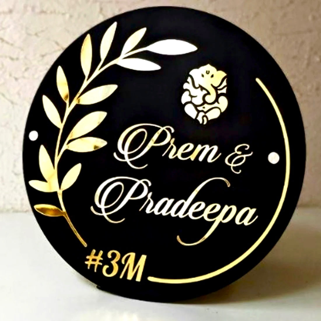 Lord Ganesha Customized Acrylic Name Plate Black and Golden