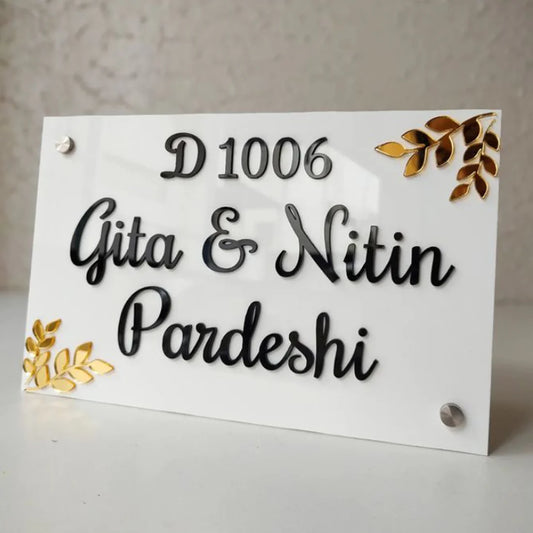 Customized Acrylic Name Plate Black and White (Golden Leaf)