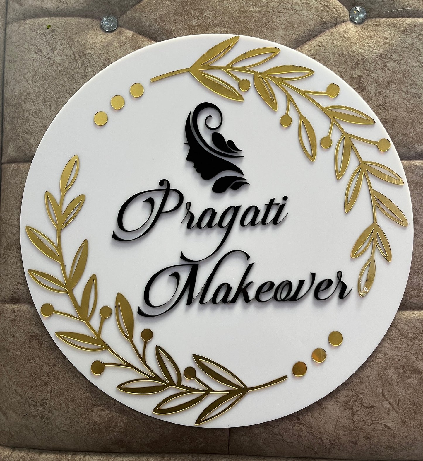 Customized Brand Logo Nameplate White, Black and GoldenLeaf Design