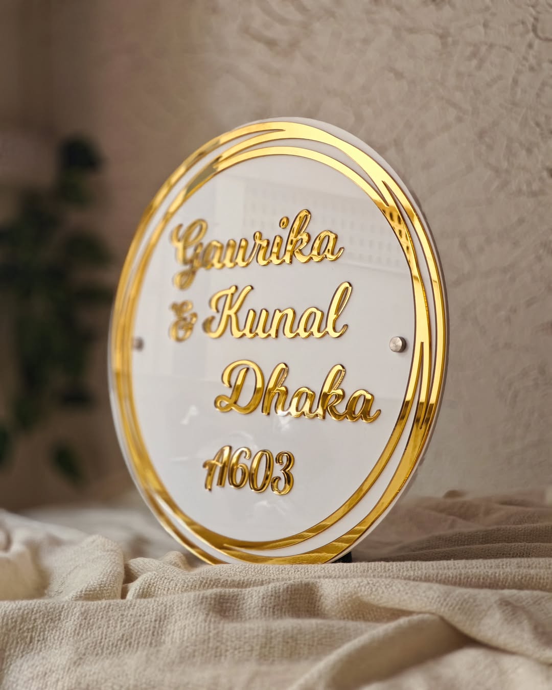 Customized Home Name Plate White and Golden