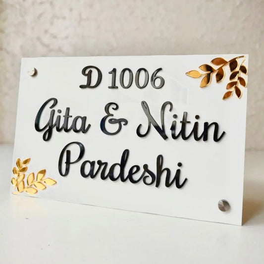 Customized Acrylic Name Plate Black and White (Golden Leaf)